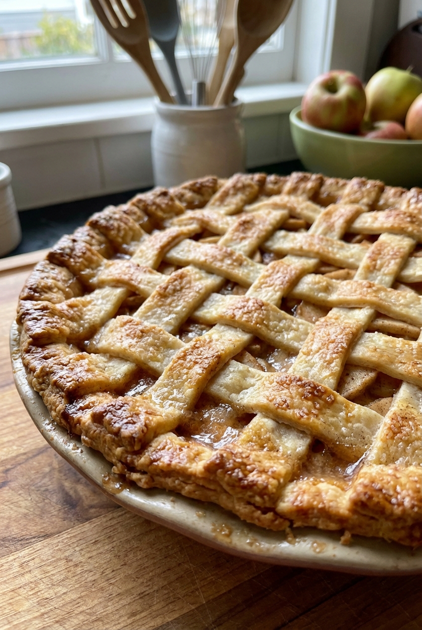 A close-up photograph of a rustic lattice crust on an apple pie with golden browned edges