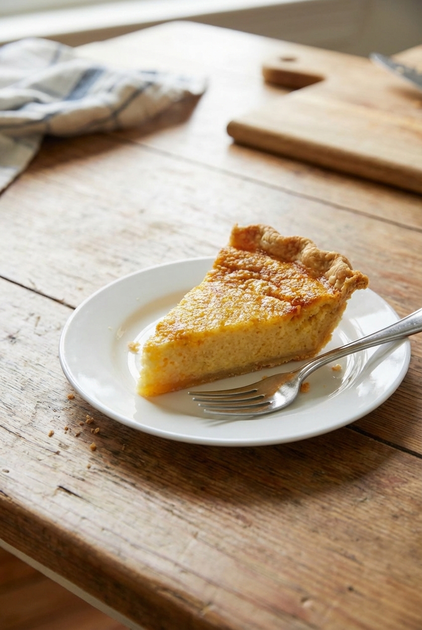 A close-up photograph of a slice of buttermilk pie on a plate with a fork beside it