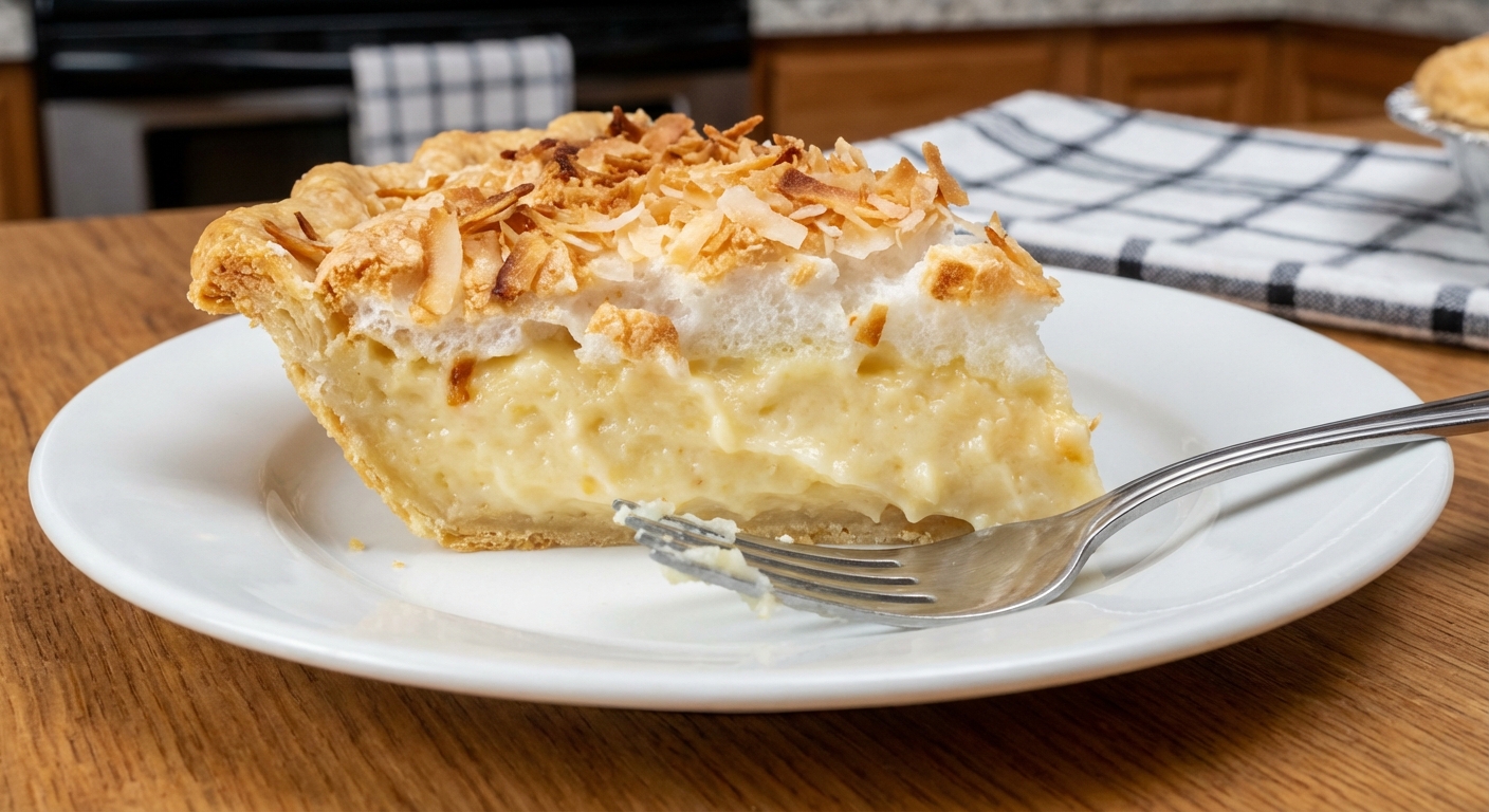 A close up photograph of a slice of coconut pie showing a chewy coconut top and creamy custard center on a plate