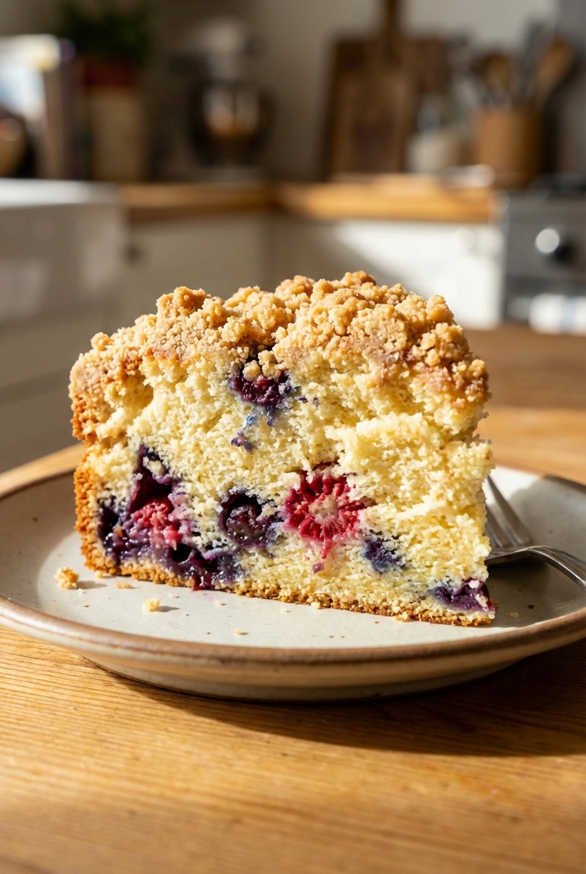 A close-up photograph of a sliced crumb-topped vanilla cake showing a tender crumb and pockets of baked berries
