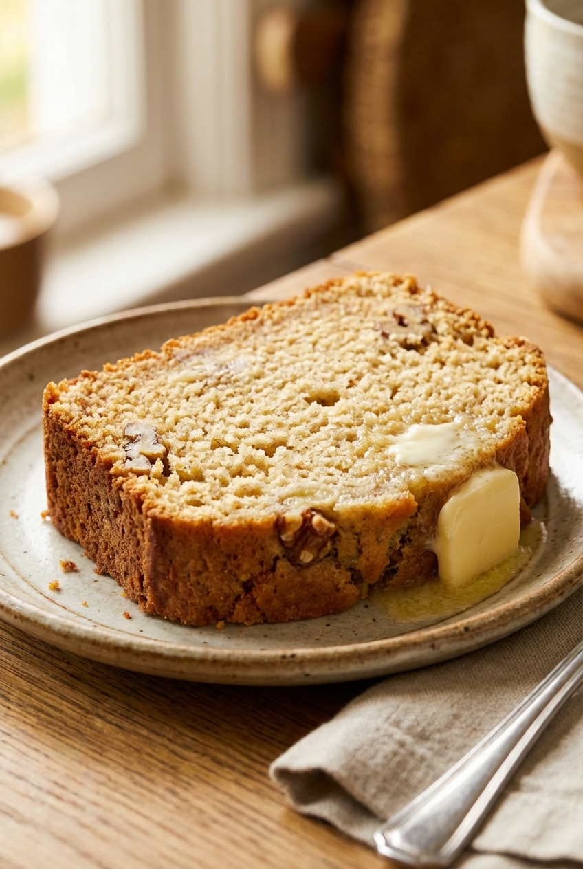 A close-up photograph of a sliced piece of banana bread showing a moist light fluffy crumb on a plate