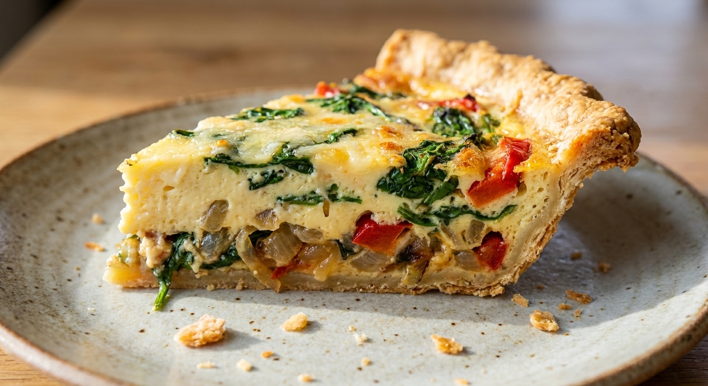 A close-up photograph of a sliced quiche showing a creamy set egg custard with visible cheese and sautéed vegetables, on a plate with crumbs