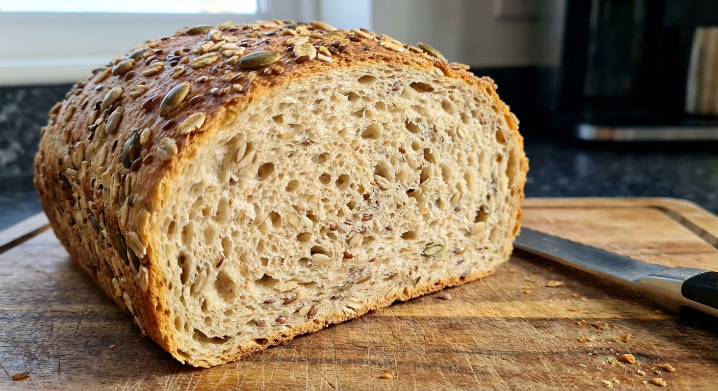A close-up photograph of a sliced seeded oat bread loaf showing a soft crumb with visible seeds