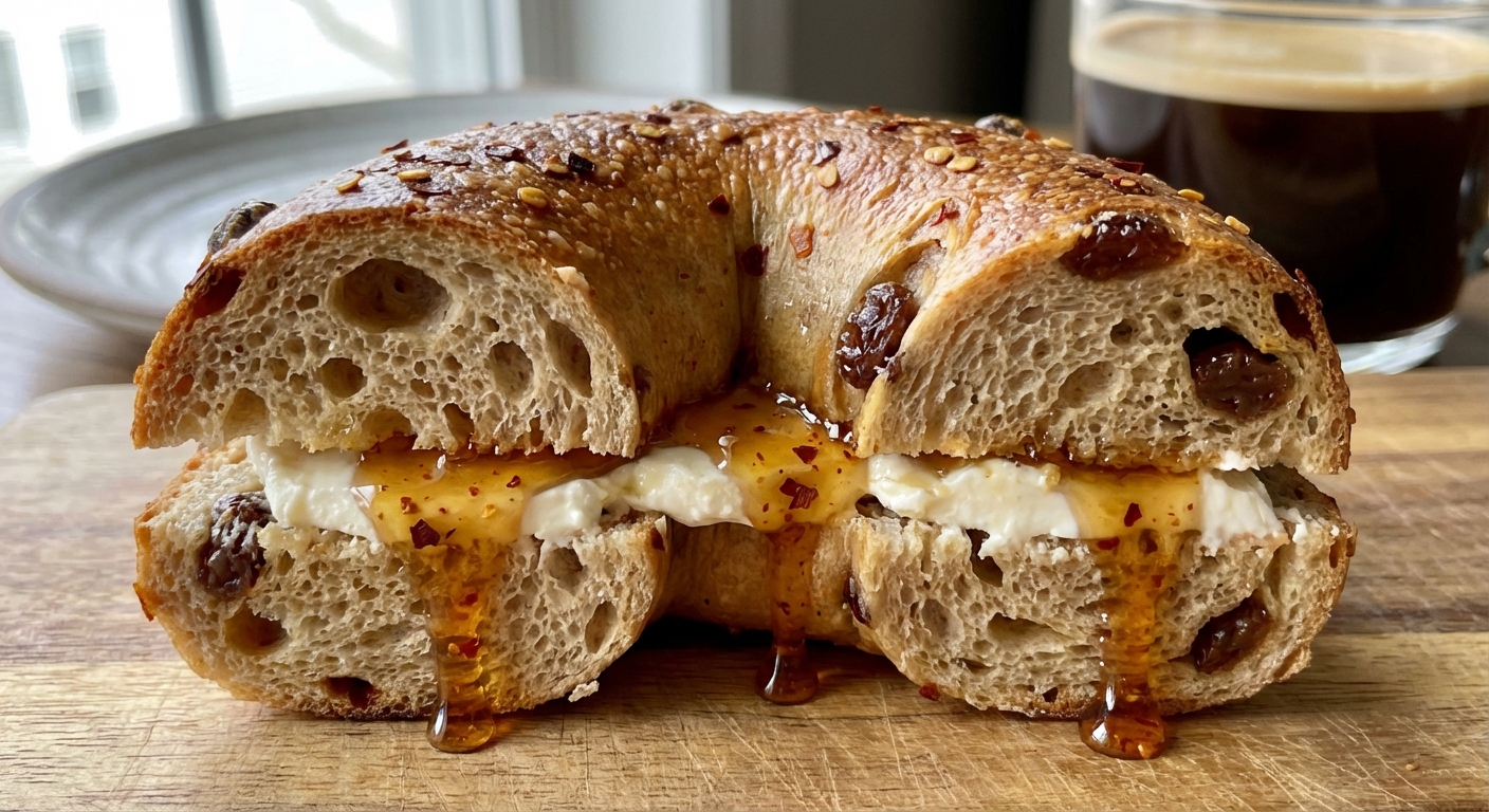 A close-up photograph of a sliced sweet and spicy sourdough bagel showing a chewy interior crumb with cream cheese and a light drizzle of hot honey