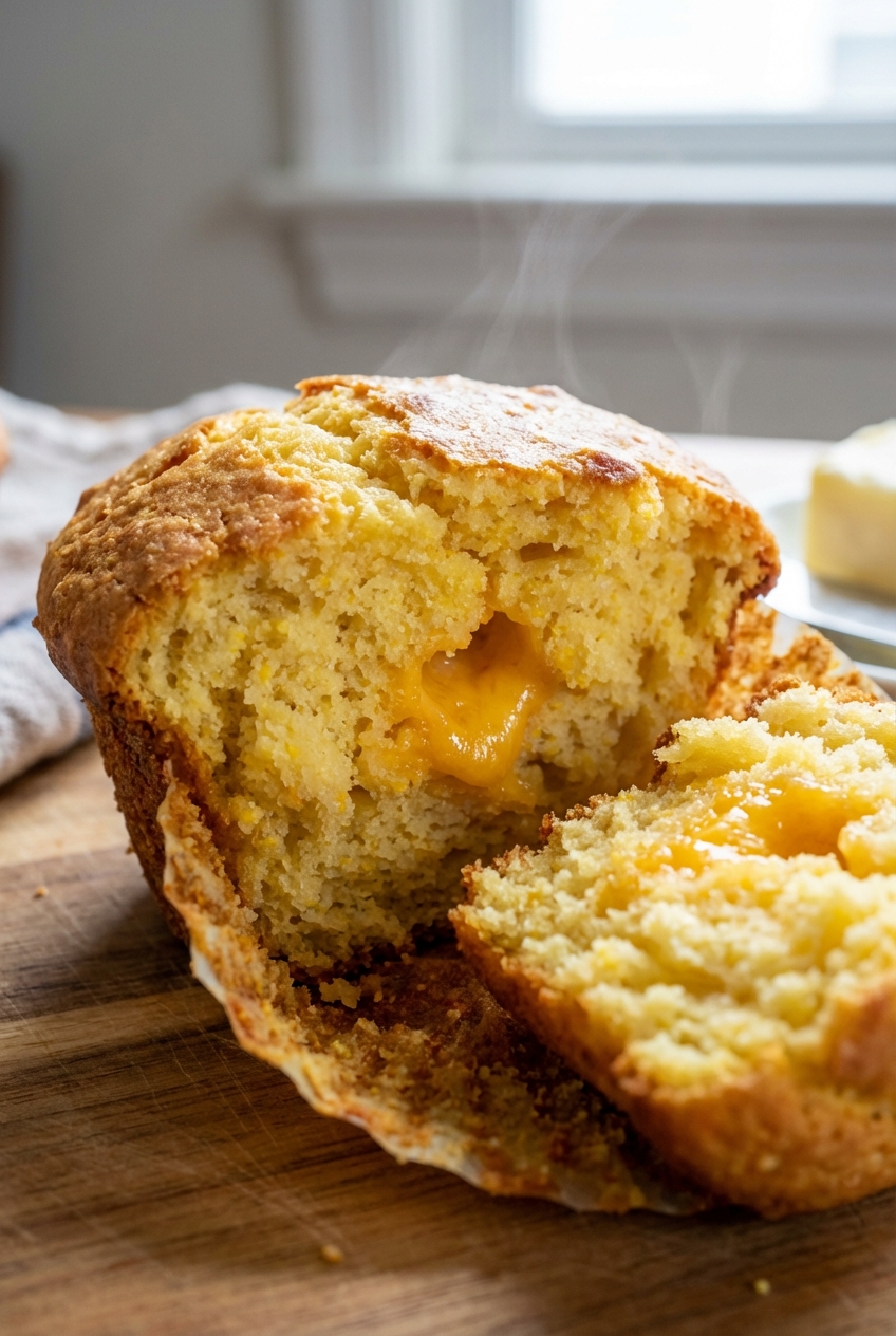 A close-up photograph of a split cornbread muffin showing a tender crumb with melted cheddar pockets