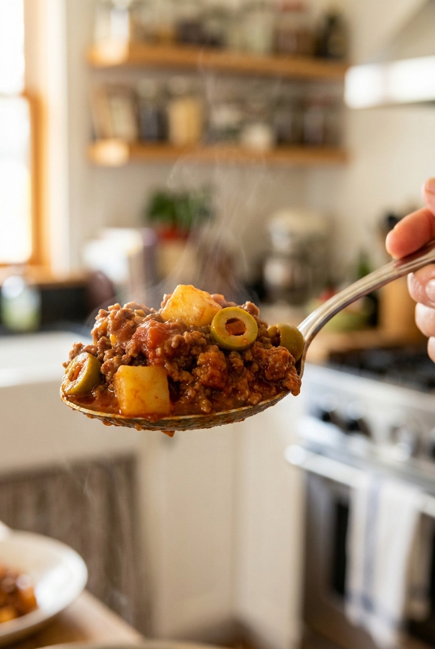 A close-up photograph of a spoon lifting picadillo showing saucy ground beef, soft potatoes, and sliced olives