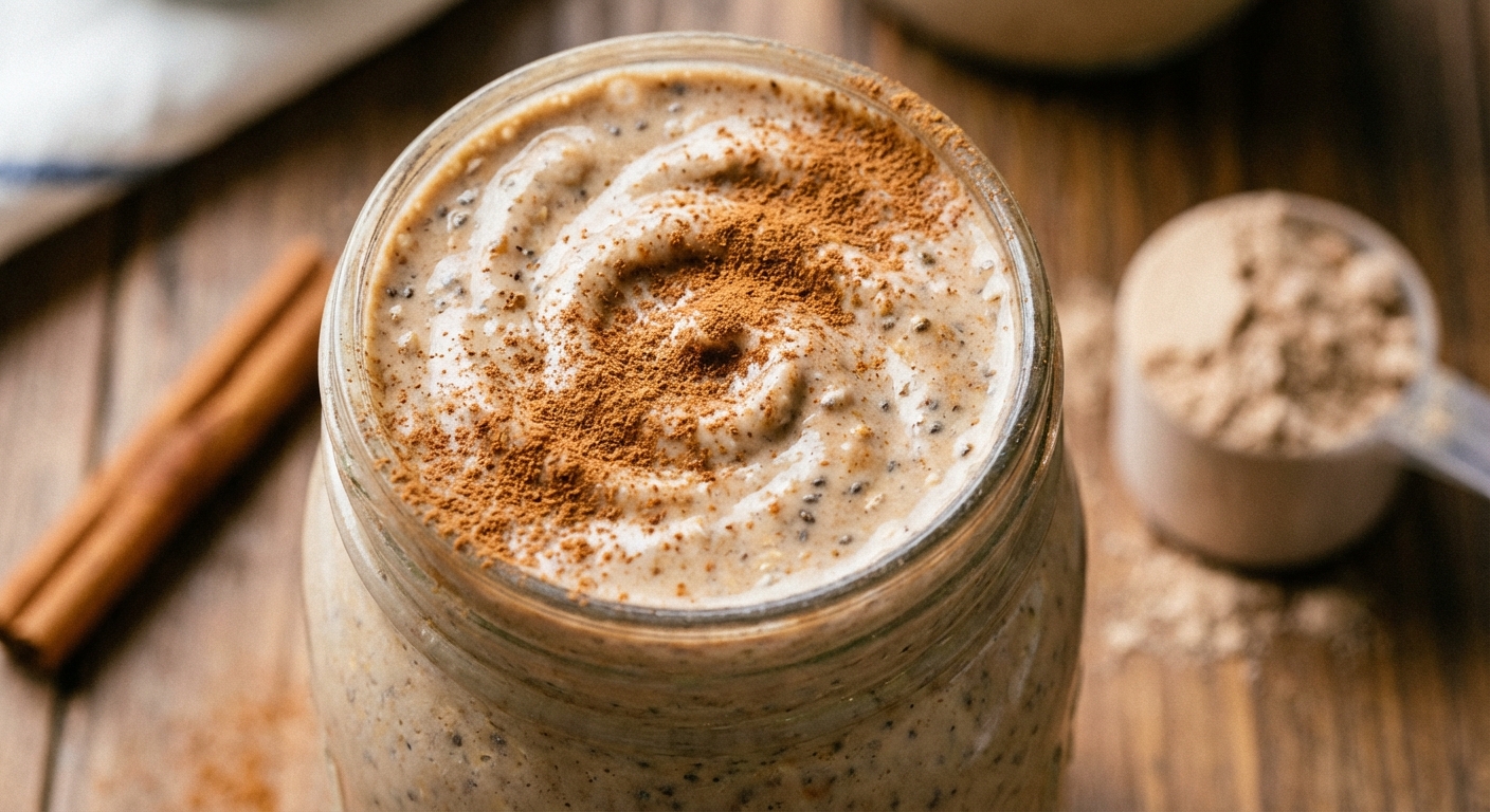 A close-up photograph of a thick high-protein breakfast shake with a creamy surface and a dusting of cinnamon