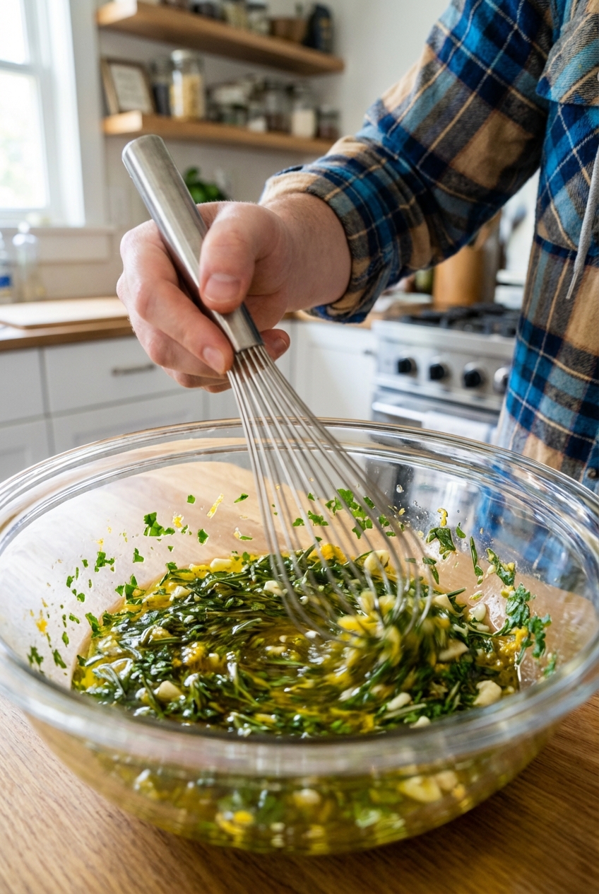 A close-up photograph of a whisk stirring an herb citrus marinade in a glass bowl