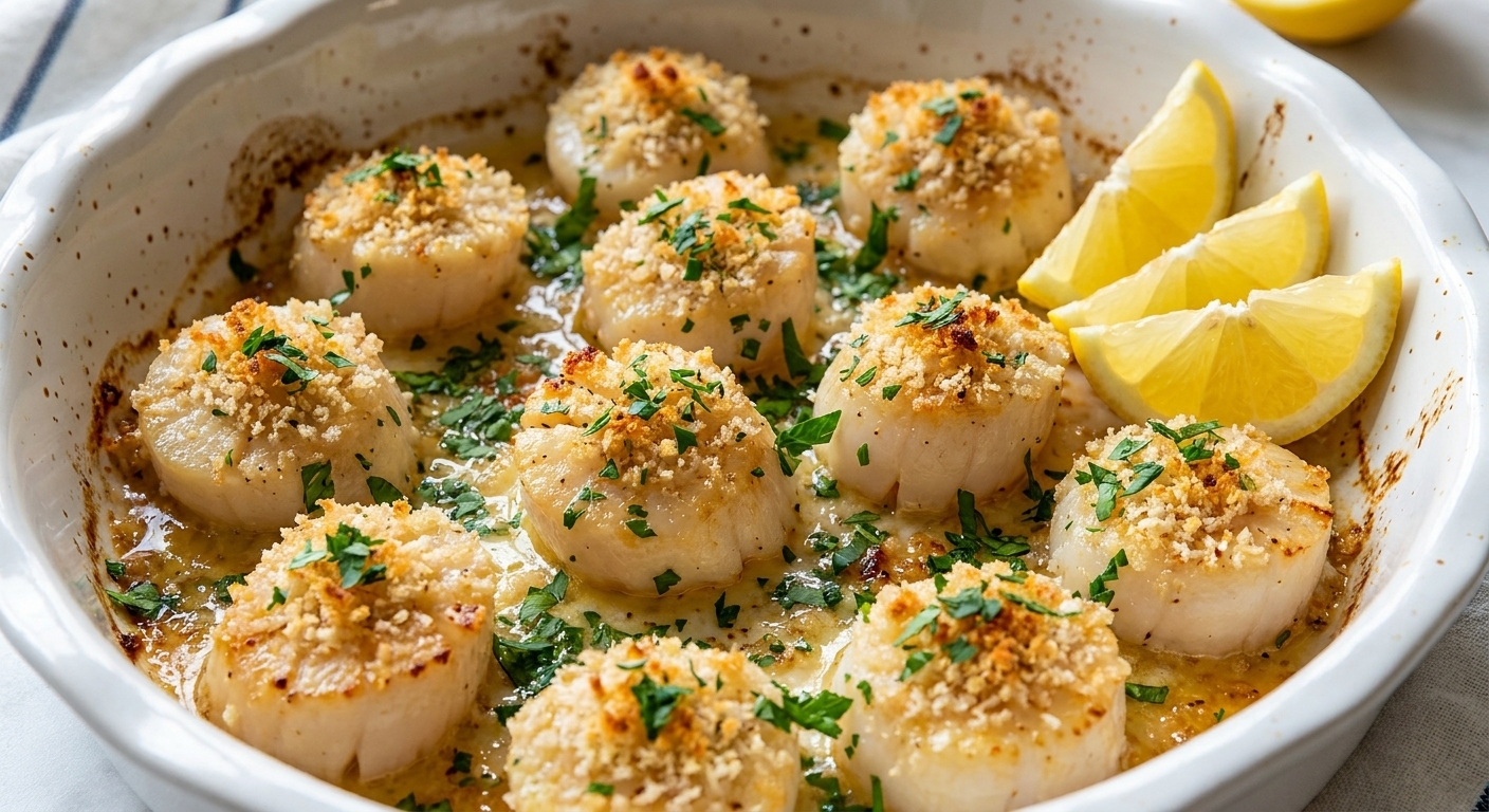 A close-up photograph of baked sea scallops in a white ceramic baking dish, topped with golden panko breadcrumbs and chopped parsley, with lemon wedges on the side