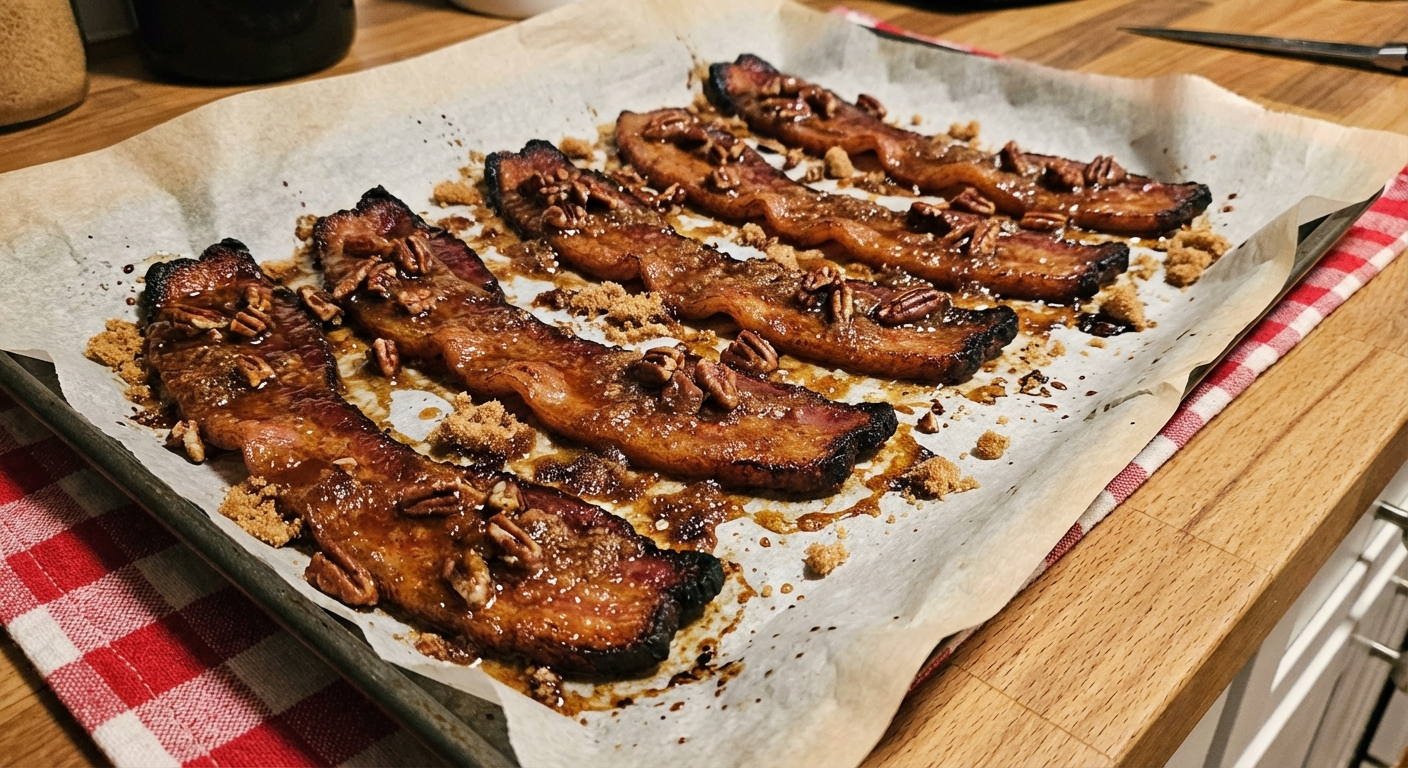 A close-up photograph of candied bacon strips on a parchment-lined baking sheet with caramelized brown sugar and crisp edges