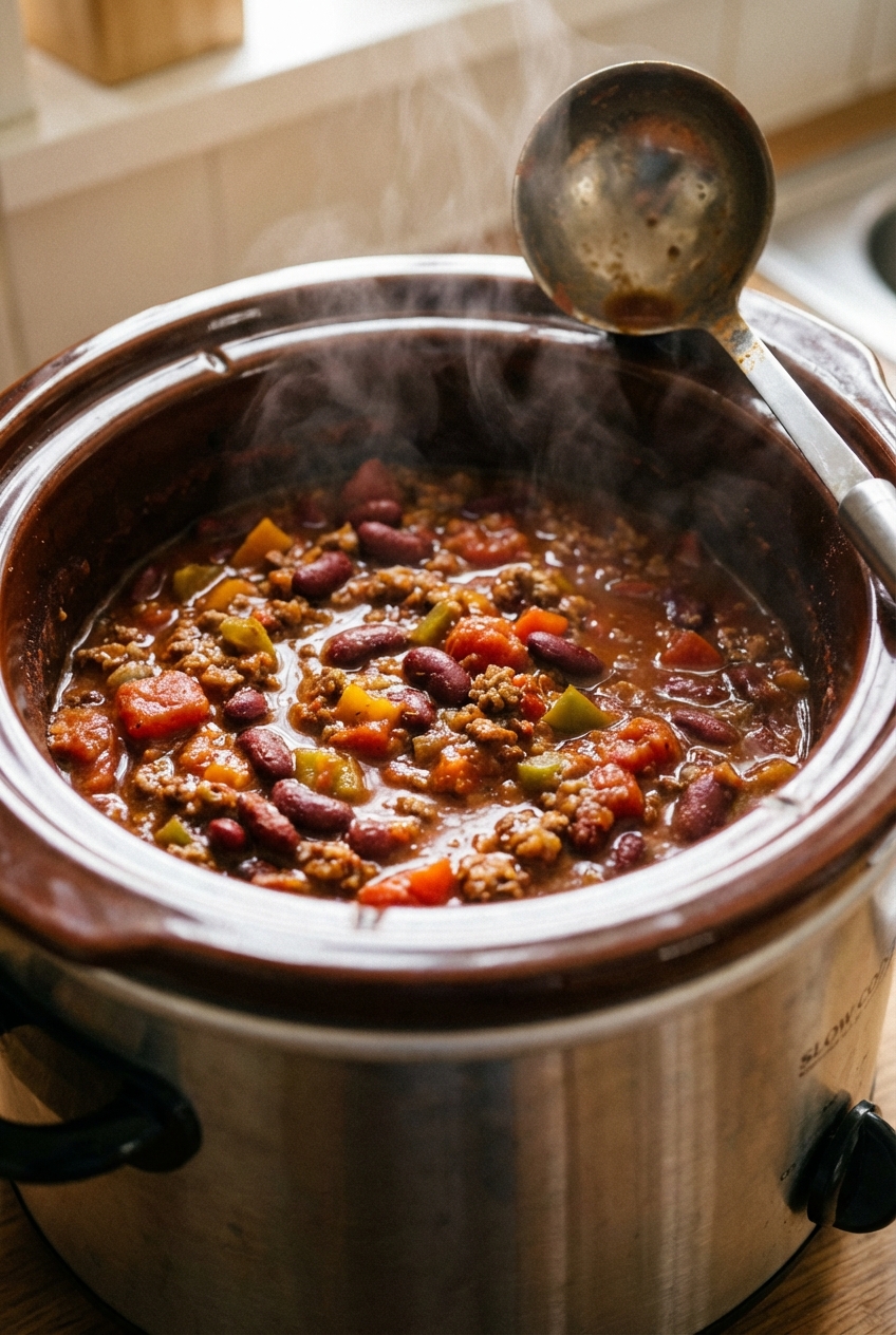 A close-up photograph of chili simmering inside a slow cooker with a ladle resting on the edge