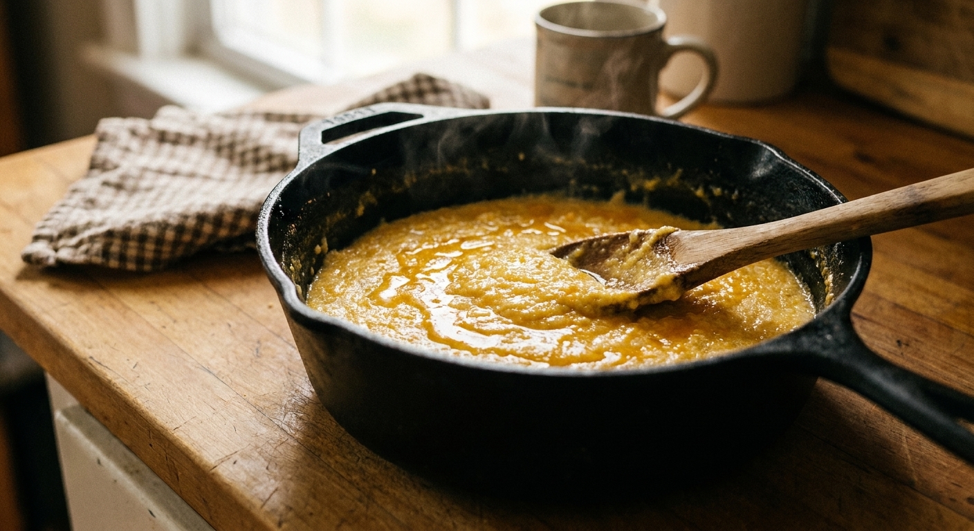 A close-up photograph of creamy stone-ground cheese grits in a black pot with a wooden spoon, glossy from butter and melted cheddar, on a warm kitchen counter