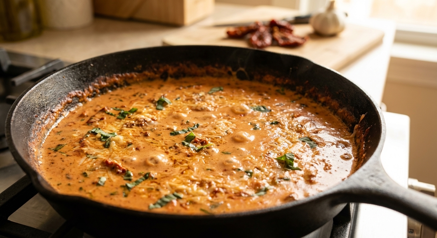 A close-up photograph of creamy sun-dried tomato garlic parmesan sauce bubbling gently in a skillet with visible flecks of basil and grated cheese