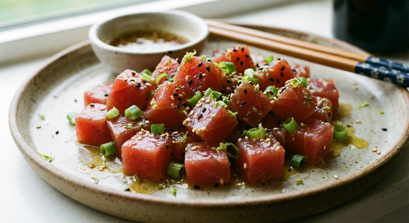 A close-up photograph of diced raw tuna tartare glistening with sesame oil and lime, with sesame seeds visible on top