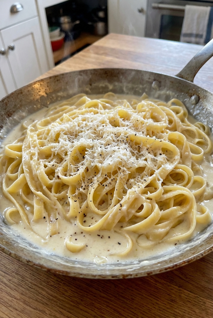 A close-up photograph of fettuccine coated in glossy Alfredo sauce in a wide skillet with freshly grated Parmigiano-Reggiano on top