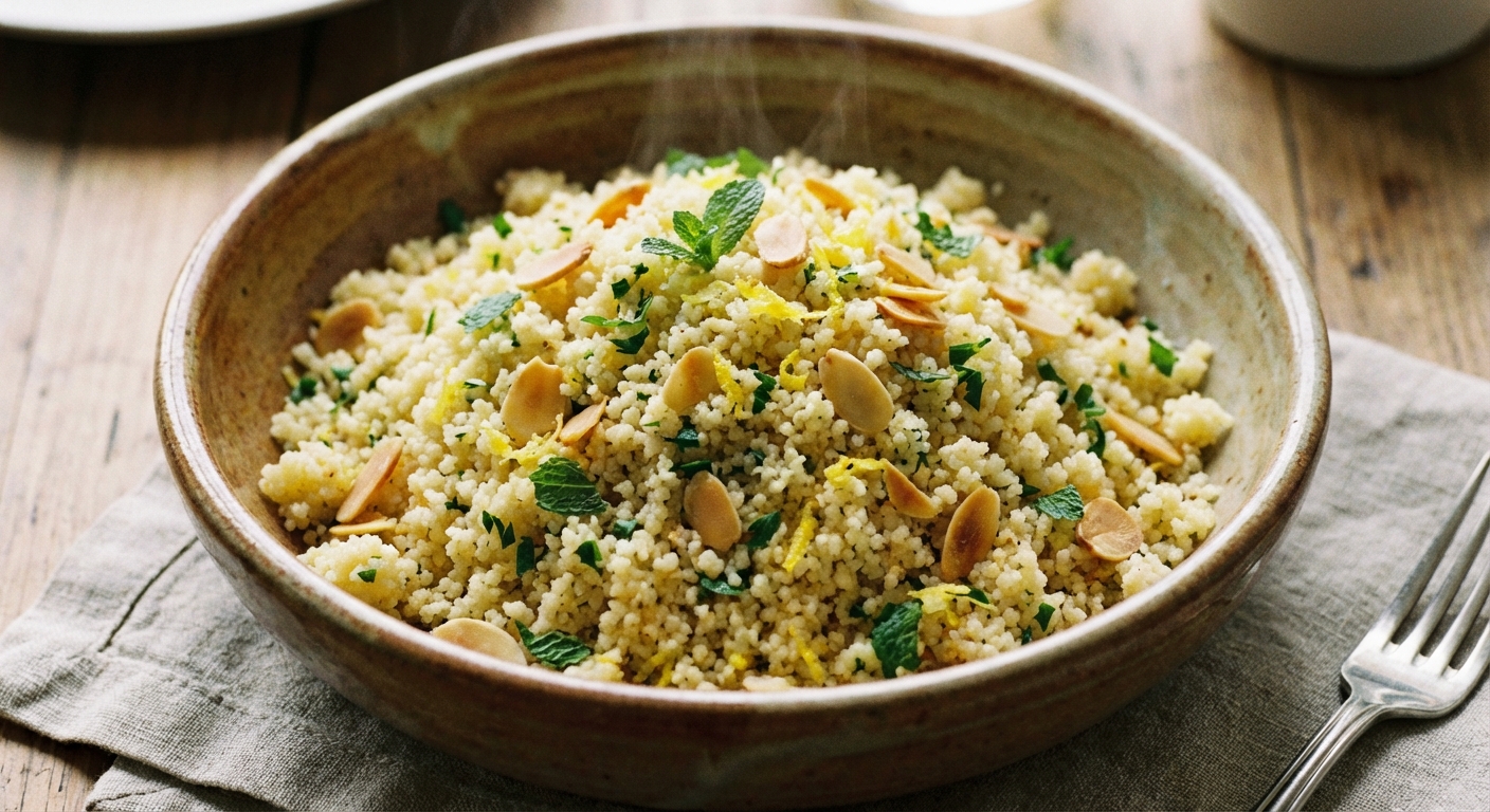 A close-up photograph of fluffy couscous with parsley, mint, toasted almonds, and lemon zest in a serving bowl