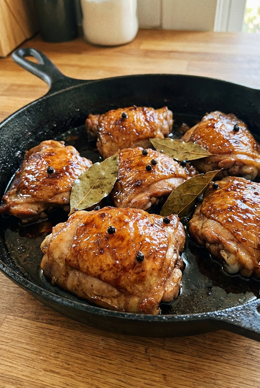 A close-up photograph of glossy chicken adobo thighs in a dark soy-vinegar sauce with bay leaves and whole peppercorns in a shallow skillet
