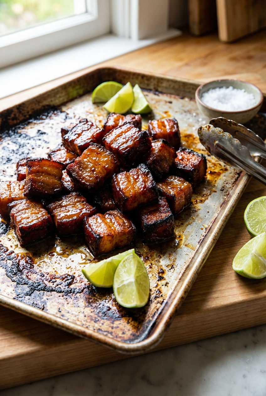 A close-up photograph of glossy pork belly burnt ends on a sheet pan with charred edges and lime wedges nearby