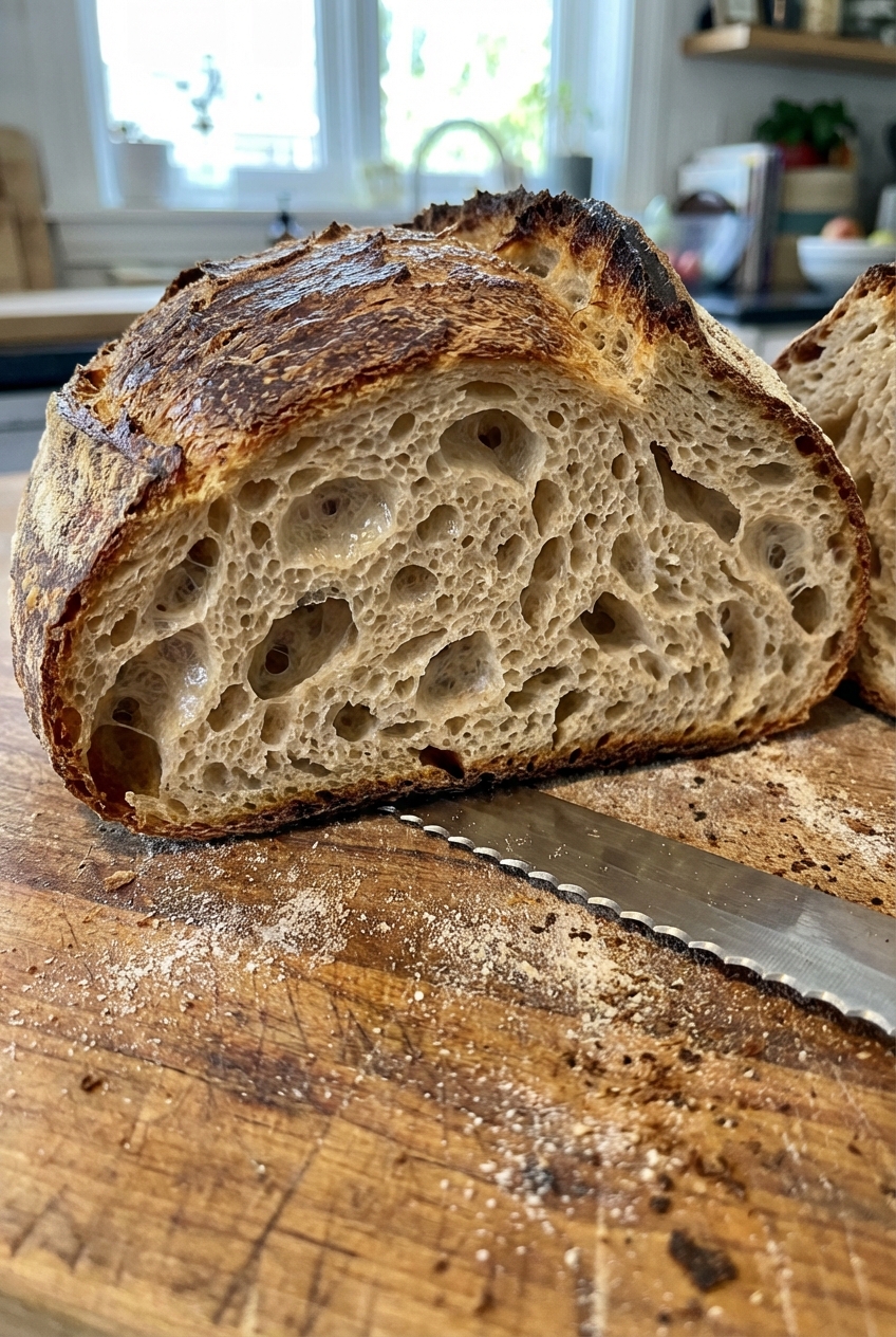 A close-up photograph of no knead bread sliced open showing an airy chewy crumb on a wooden cutting board