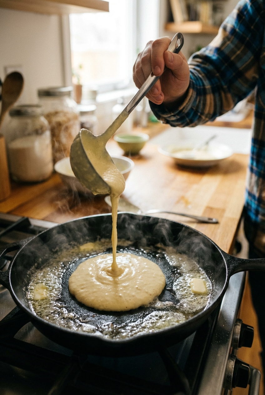 A close-up photograph of pancake batter being poured onto a hot buttered skillet