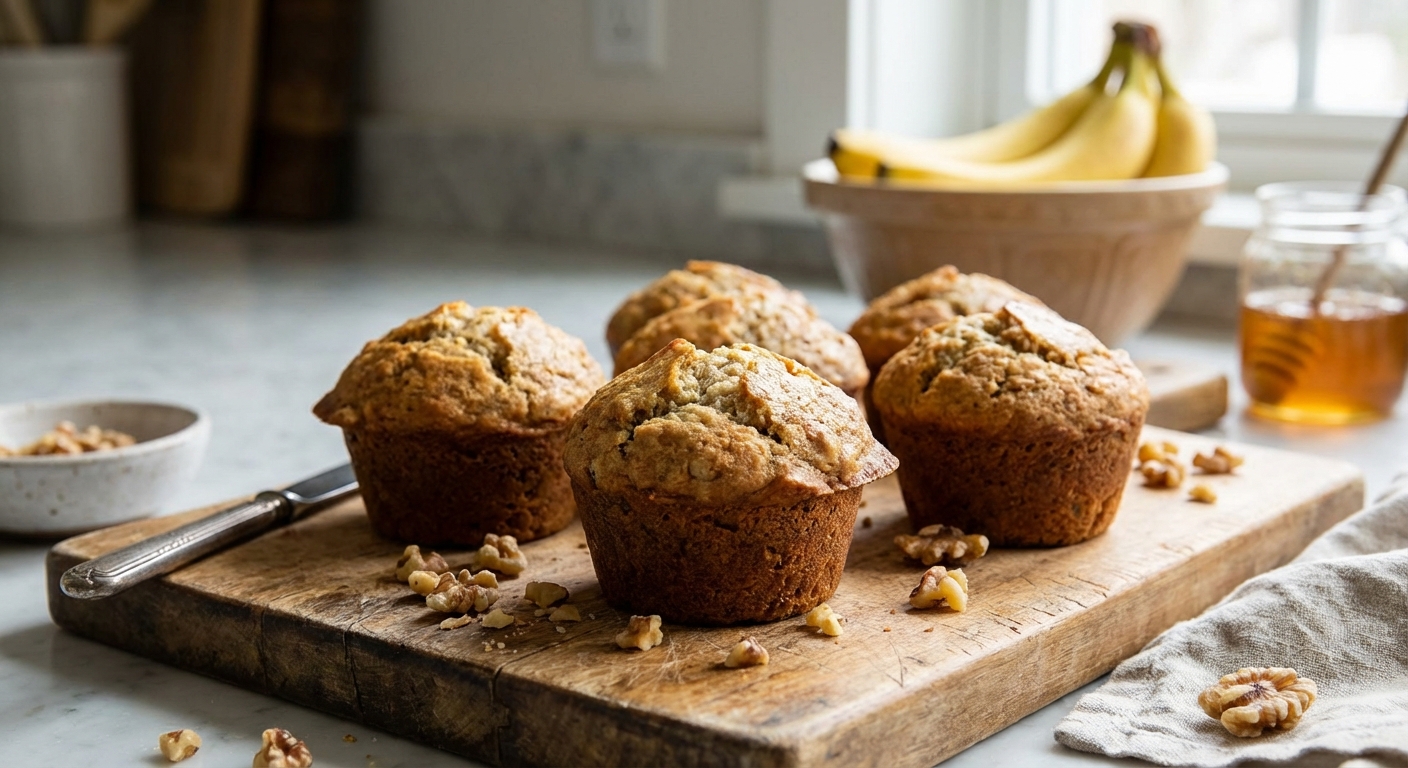 A close-up photograph of rustic banana nut muffins with golden domed tops on a wooden cutting board, with chopped walnuts scattered nearby