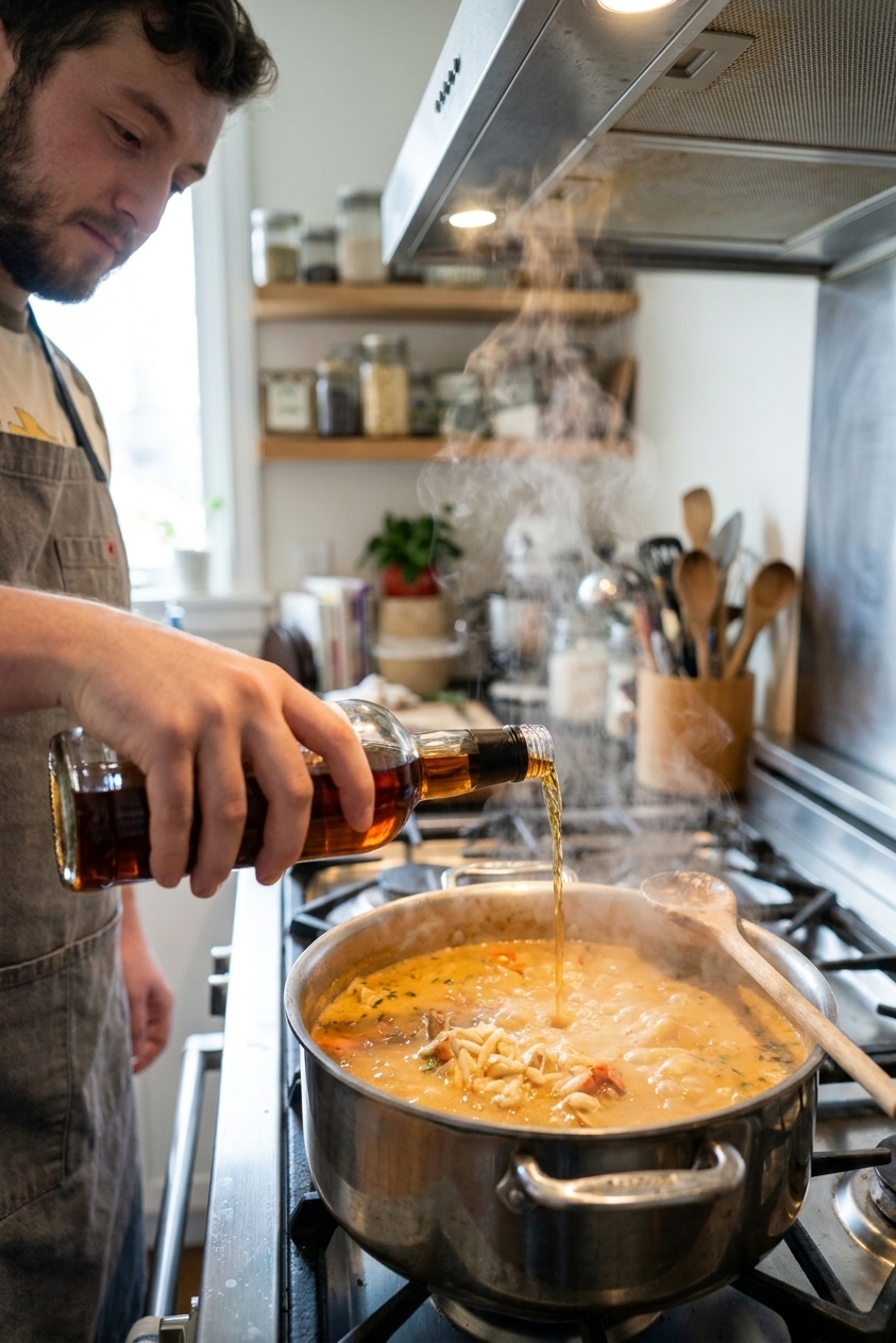 A close-up photograph of sherry being poured into a pot of creamy crab soup on a stovetop, with steam rising and a wooden spoon resting on the rim