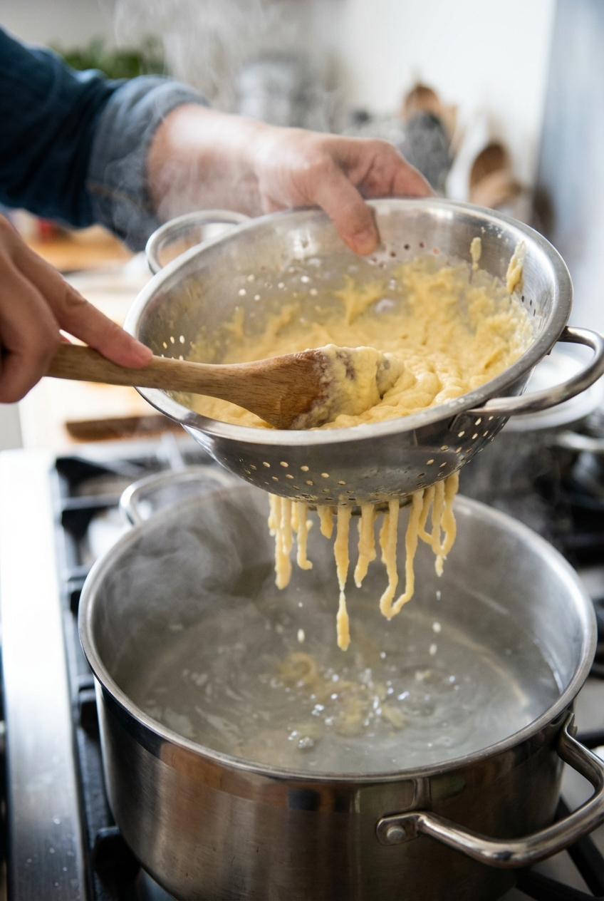 A close-up photograph of spaetzle batter being pressed through a colander into a pot of simmering water