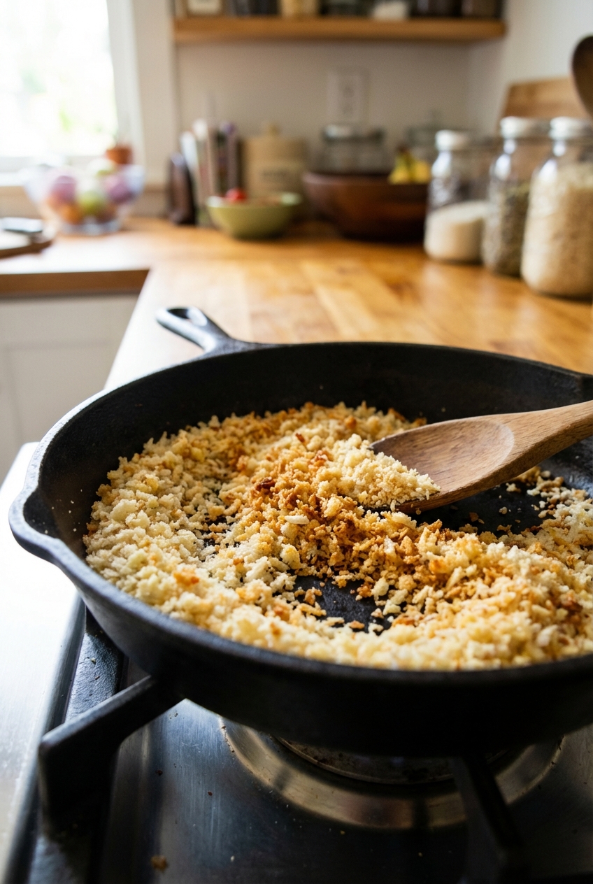 A close-up photograph of toasted panko breadcrumbs in a small skillet turning golden brown