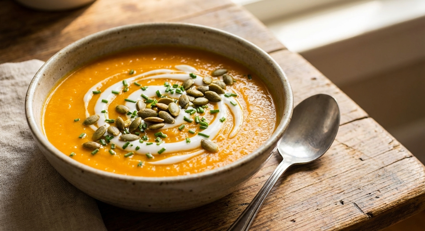 A close-up, photorealistic bowl of creamy carrot ginger soup on a wooden table, vibrant orange color with a white coconut cream swirl on top, sprinkled with toasted pumpkin seeds and chopped chives, a spoon resting beside the bowl, warm natural window light