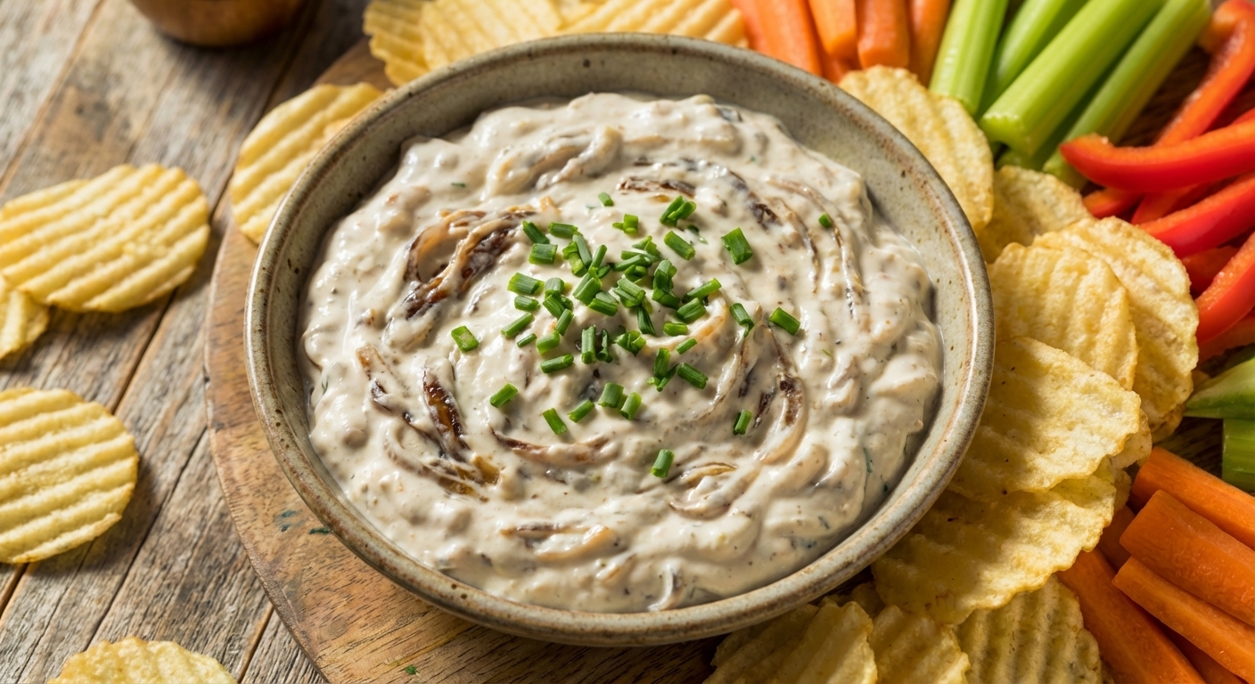 A close-up, photorealistic bowl of creamy homemade French onion dip with visible caramelized onion strands and chopped chives on top, surrounded by ridged potato chips and sliced vegetables on a wooden table in warm natural light