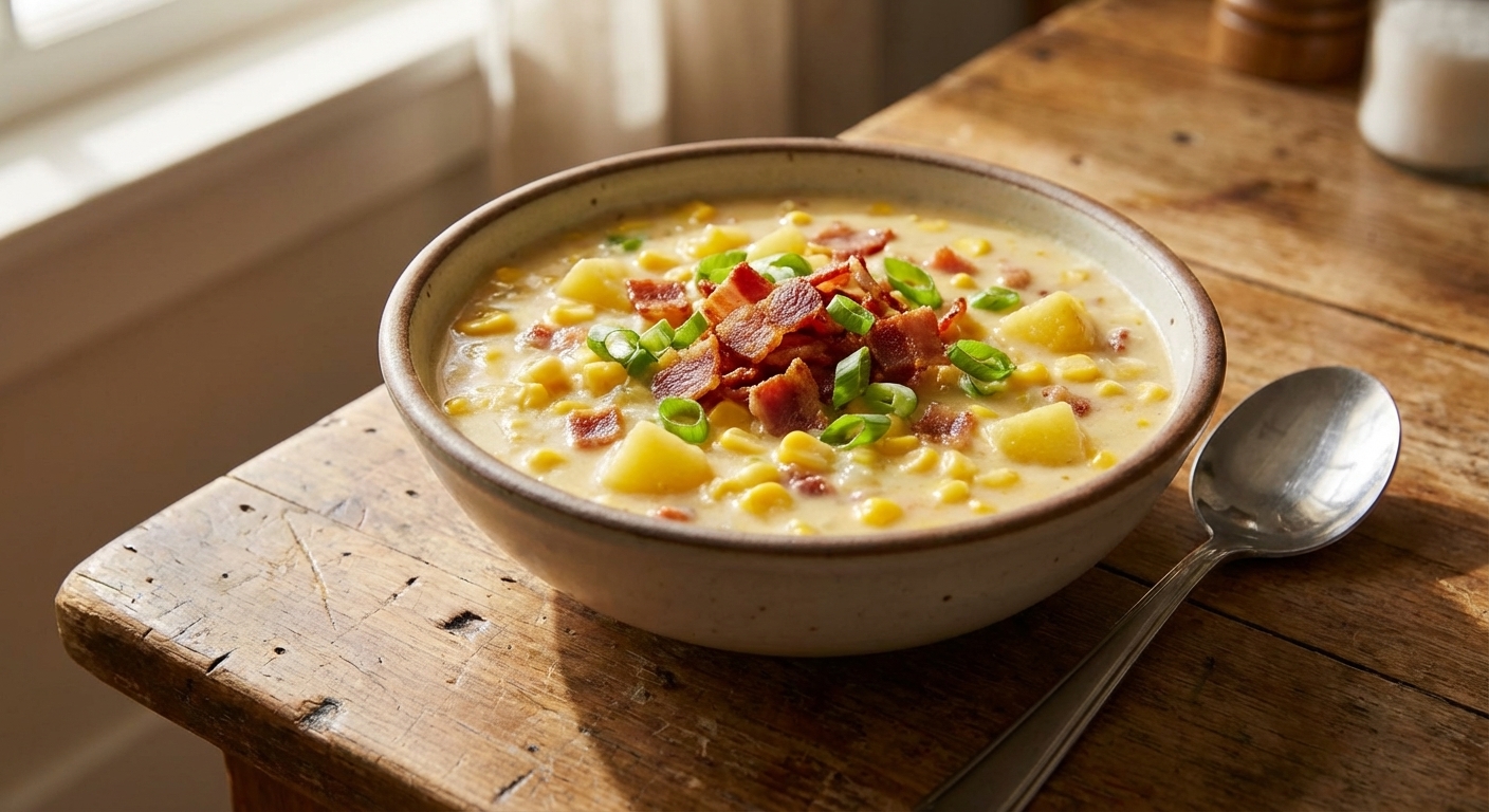 A close-up, photorealistic bowl of creamy sweet corn chowder with visible corn kernels and potato chunks, topped with crisp bacon pieces and sliced green onions, set on a rustic wooden table with a spoon nearby, warm natural window light