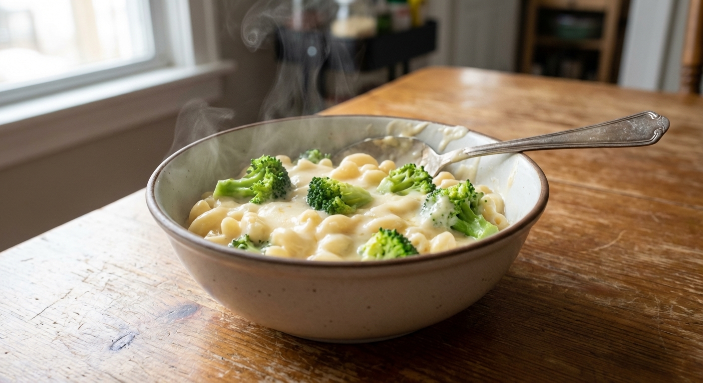 A close-up, photorealistic bowl of creamy white cheddar mac and cheese with bright green broccoli florets, steam rising, and a spoon resting on the rim on a wooden kitchen table with soft natural window light