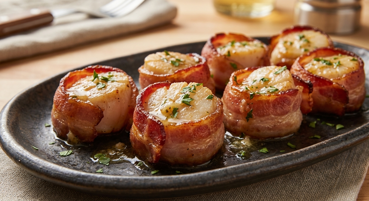 A close-up, photorealistic food photograph of bacon-wrapped sea scallops arranged on a dark ceramic platter, the bacon crisped and golden, scallops opaque and lightly browned, with a glossy garlic butter drizzle and chopped parsley, warm kitchen lighting and shallow depth of field