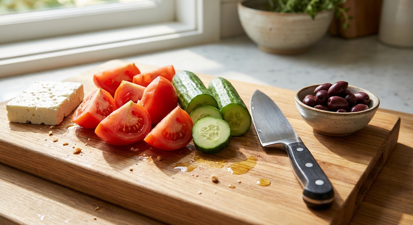 A close up photorealistic kitchen photo of a cutting board with chunky chopped ripe tomatoes, thick cucumber slices, and a block of feta, with a chef knife and a small bowl of Kalamata olives nearby in soft natural light