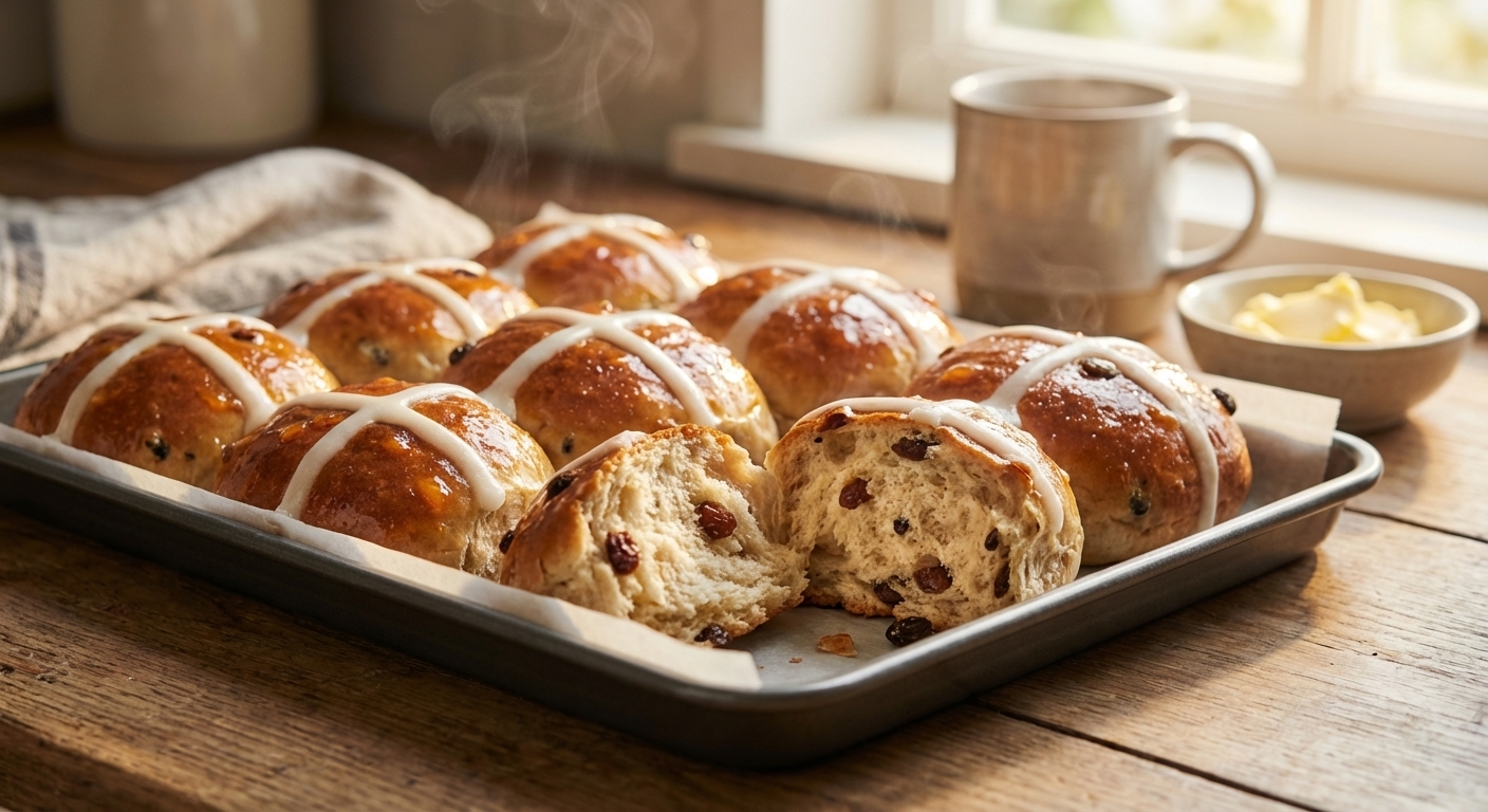 A close-up, photorealistic kitchen photograph of a tray of freshly baked hot cross buns with glossy tops and white cross glaze, one bun torn open to show a soft, fluffy interior with raisins, warm morning light, shallow depth of field