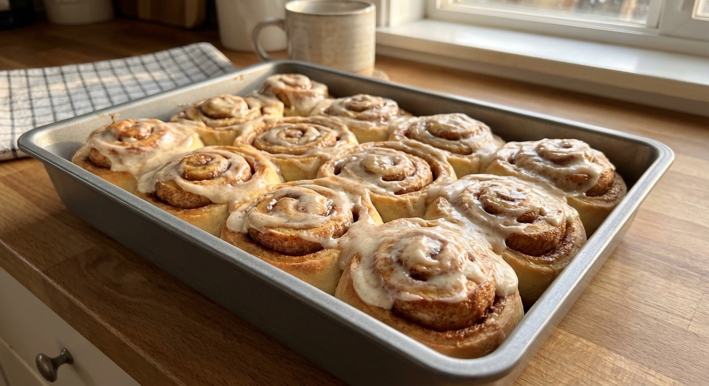 A close-up, photorealistic kitchen scene of a metal baking pan filled with freshly baked sourdough discard cinnamon rolls, golden brown with spiraled layers, topped with melting cream cheese frosting and a few visible cinnamon streaks, natural window light, cozy home-baking mood