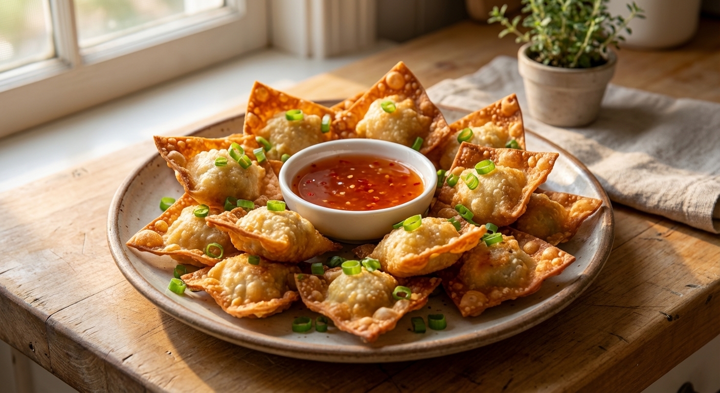 A close-up, photorealistic kitchen scene of a plate piled with golden brown crab rangoon wontons with crisp bubbled edges, a small bowl of sweet chili dipping sauce in the center, and a few chopped scallions scattered on top, shot in warm natural window light