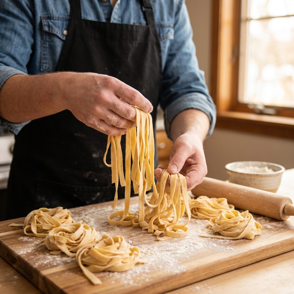 A close-up, photorealistic kitchen scene of freshly cut homemade egg noodles piled in loose nests on a floured wooden cutting board, with a rolling pin and a small bowl of flour softly blurred in the background, warm natural window light