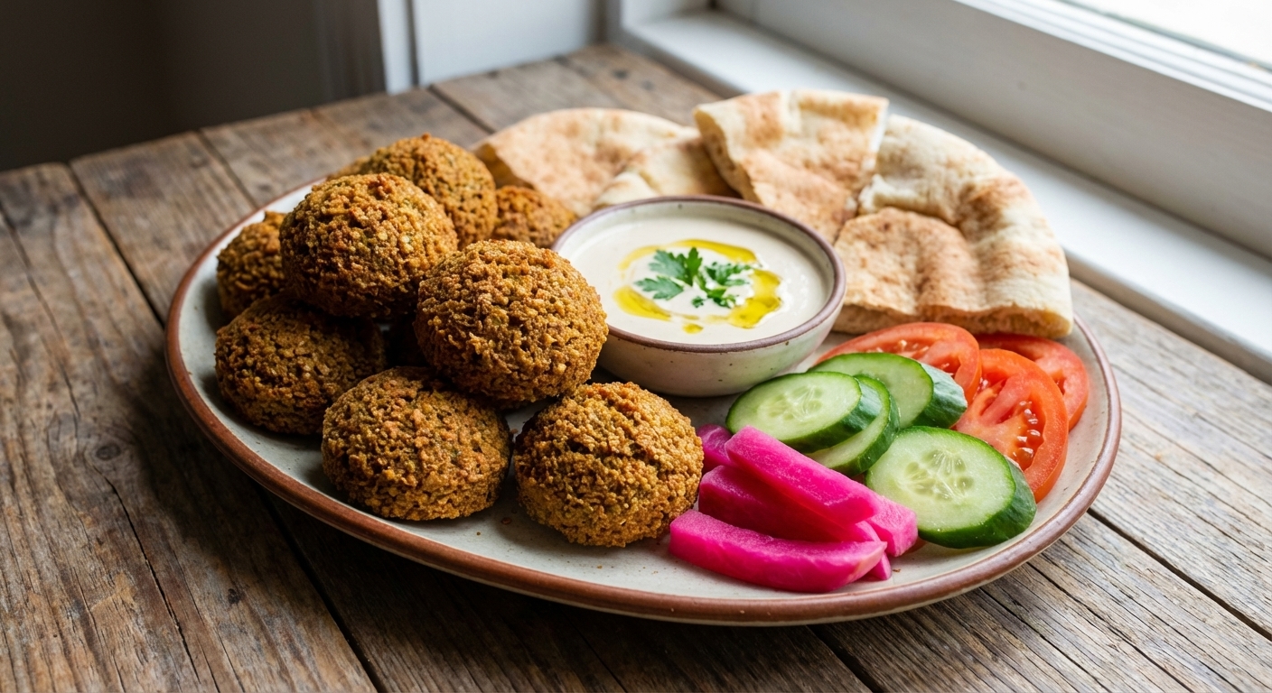 A close-up, photorealistic shot of a platter of golden brown falafel balls with visibly crisp, textured exteriors, served with a small bowl of tahini sauce, warm pita bread, sliced cucumbers and tomatoes, and pickled turnips on a rustic wooden table under soft natural light