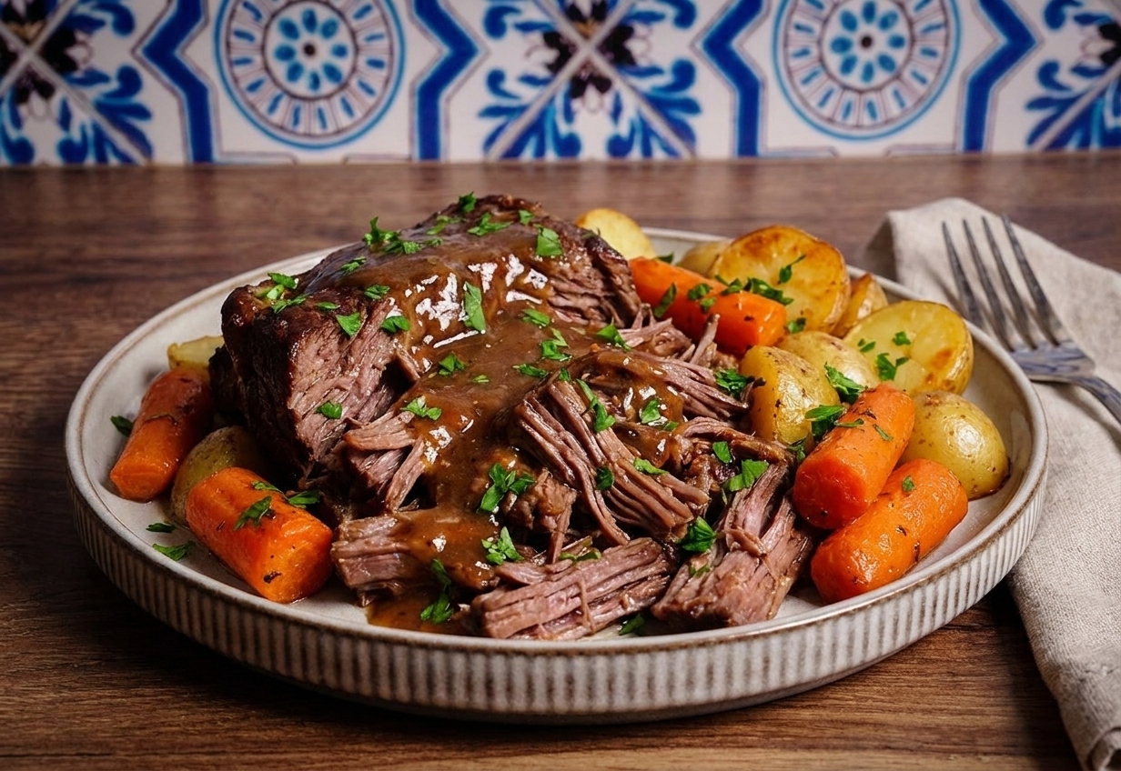 A close-up plate of shredded pot roast with carrots and potatoes, brown gravy ladled over the top, sprinkled with chopped parsley