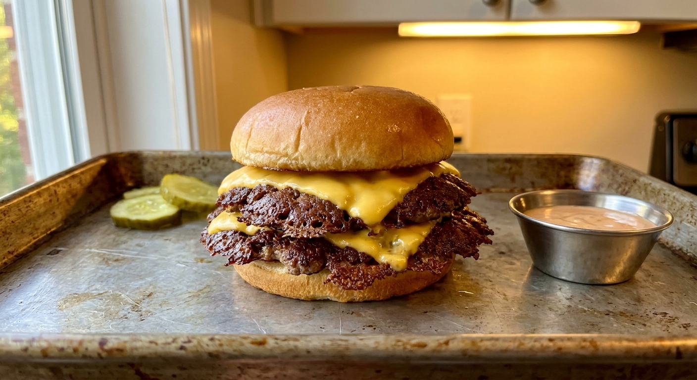A close-up, real photo of a double smash burger with crispy lace edges and melted American cheese on a soft toasted bun, sitting on a sheet pan next to pickles, warm kitchen lighting