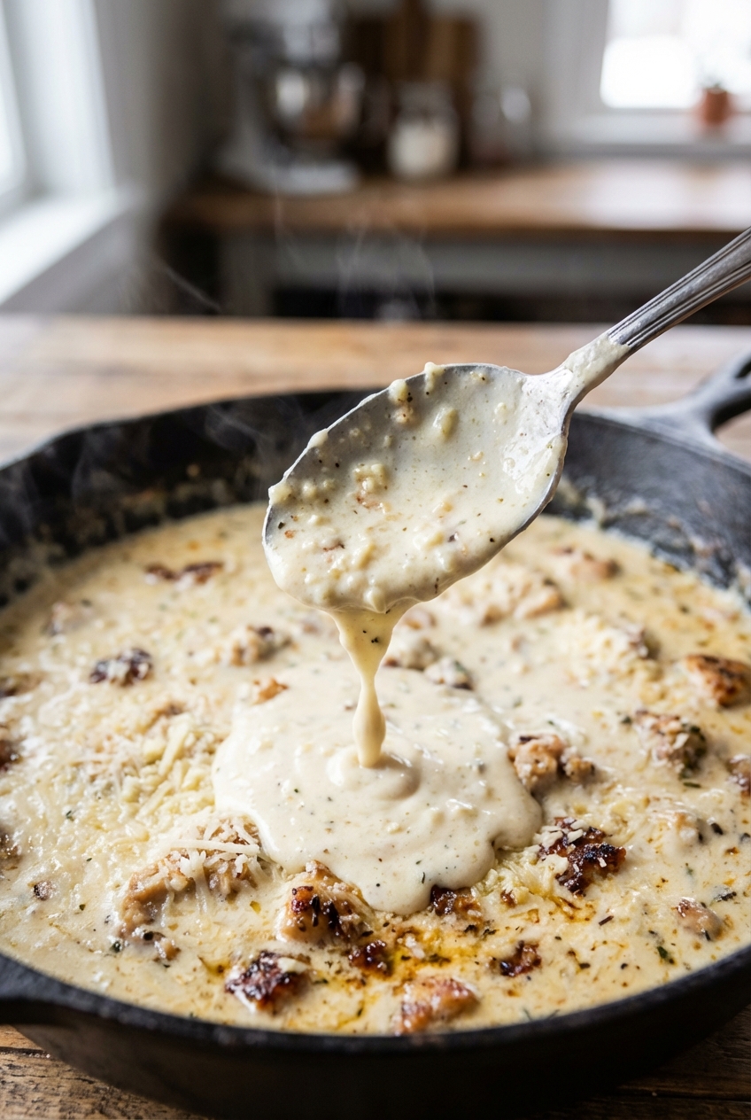 A close-up real photo of a spoon lifting creamy garlic Parmesan sauce from a skillet with browned bits visible