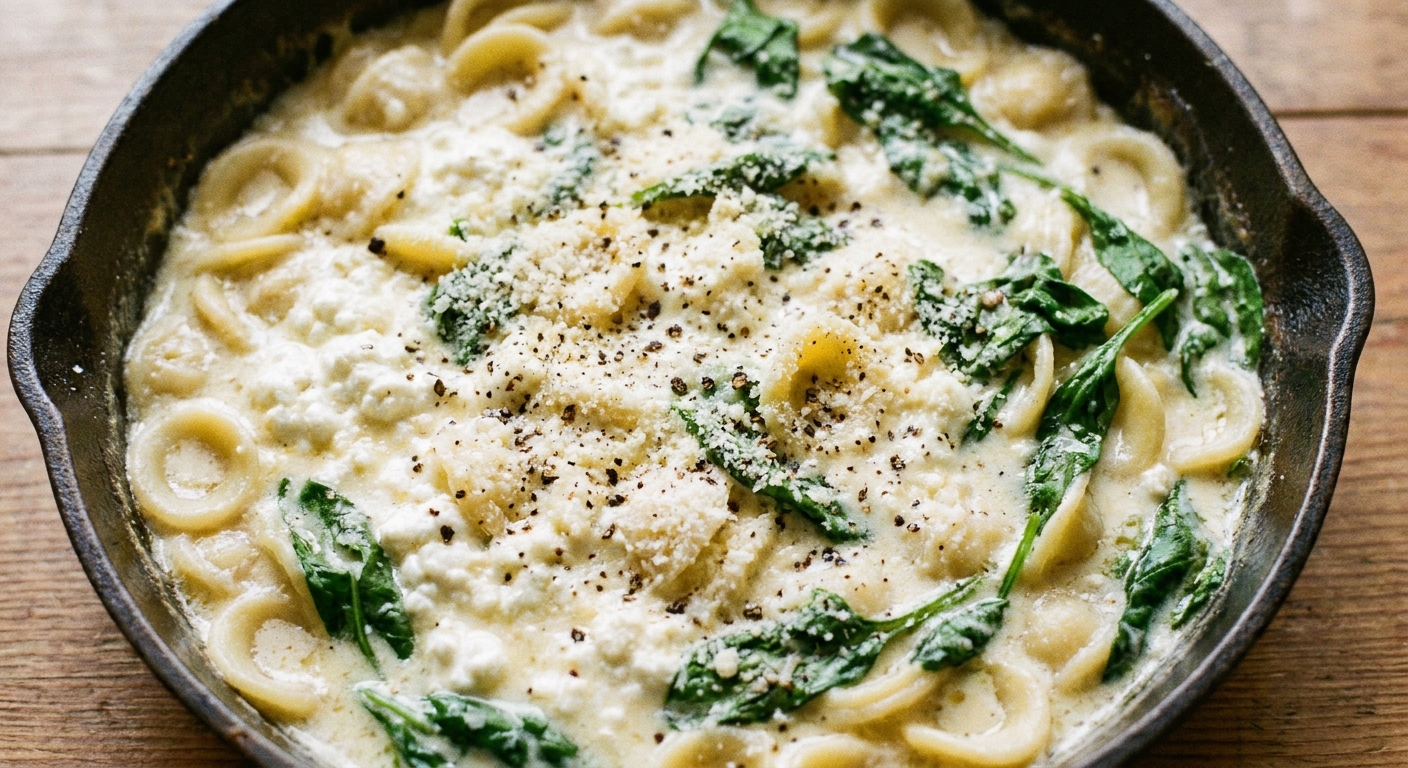 A close-up, real photo of creamy cottage cheese pasta in a skillet with grated Parmesan, cracked black pepper, and a handful of spinach wilting into the sauce