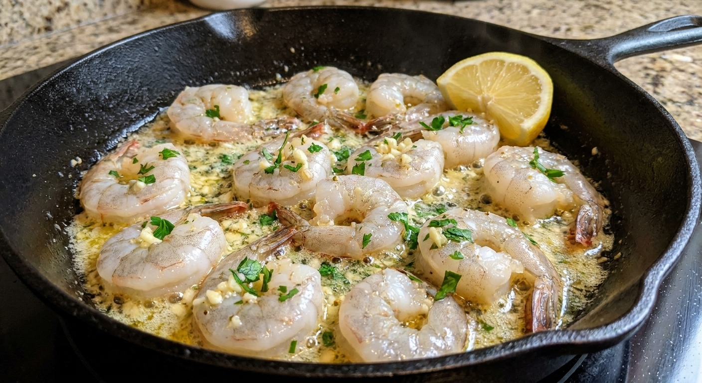 A close up, real photo of shrimp sizzling in a black skillet coated in glossy lemon pepper butter with visible minced garlic and chopped parsley, with a lemon wedge on the side