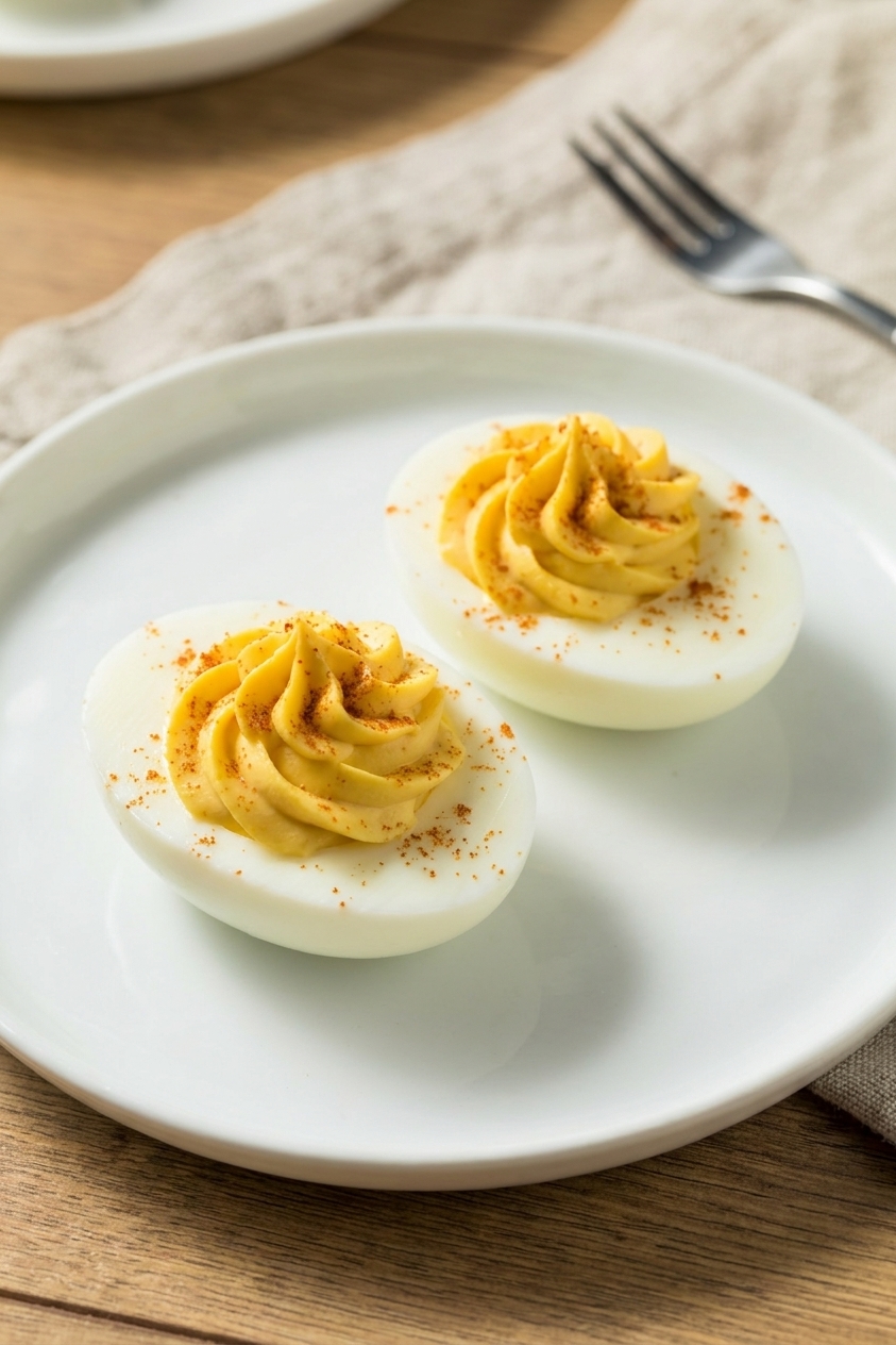 A close up real photo of two deviled eggs with silky piped filling and a light sprinkle of paprika on top, on a simple plate