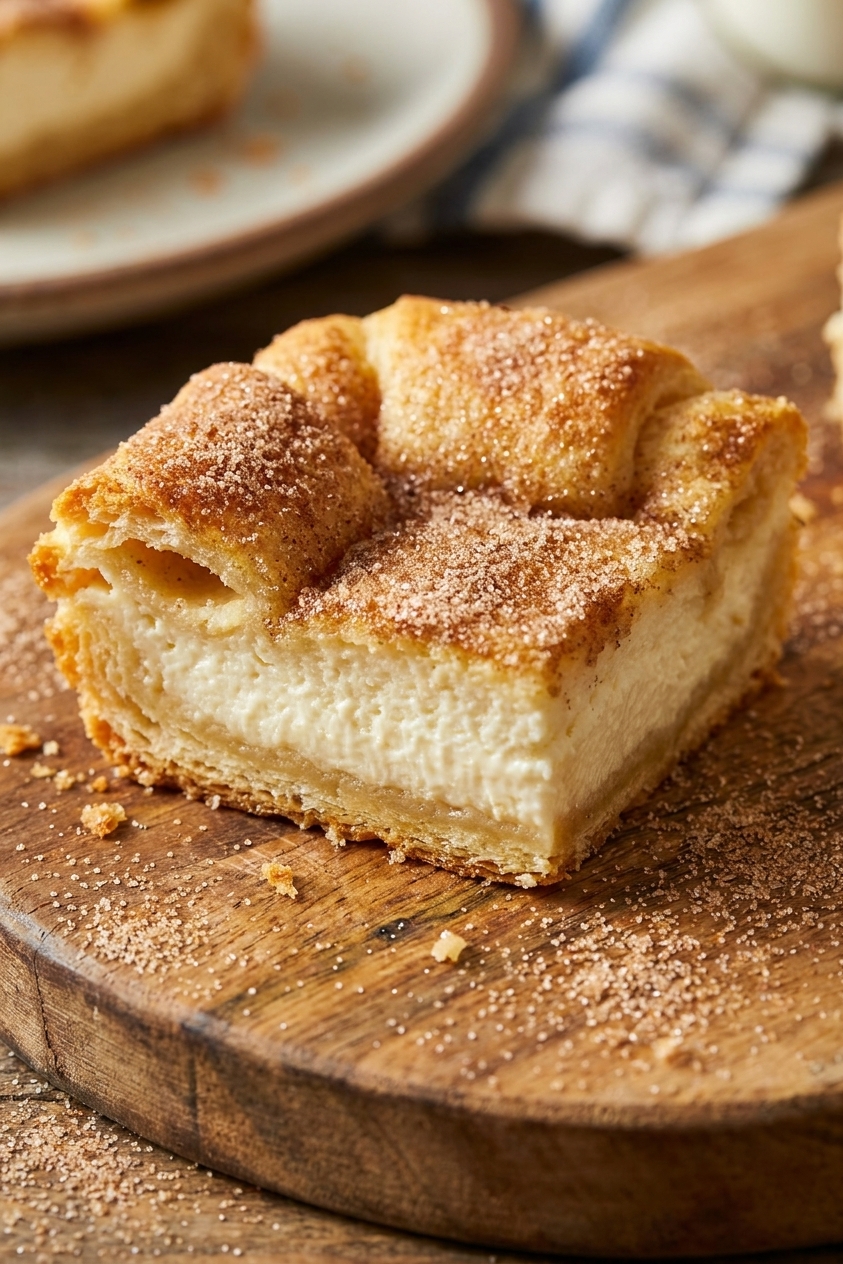 A close-up real photograph of a single sopapilla cheesecake bar showing flaky crescent layers, creamy cheesecake filling, and a sparkling cinnamon-sugar top