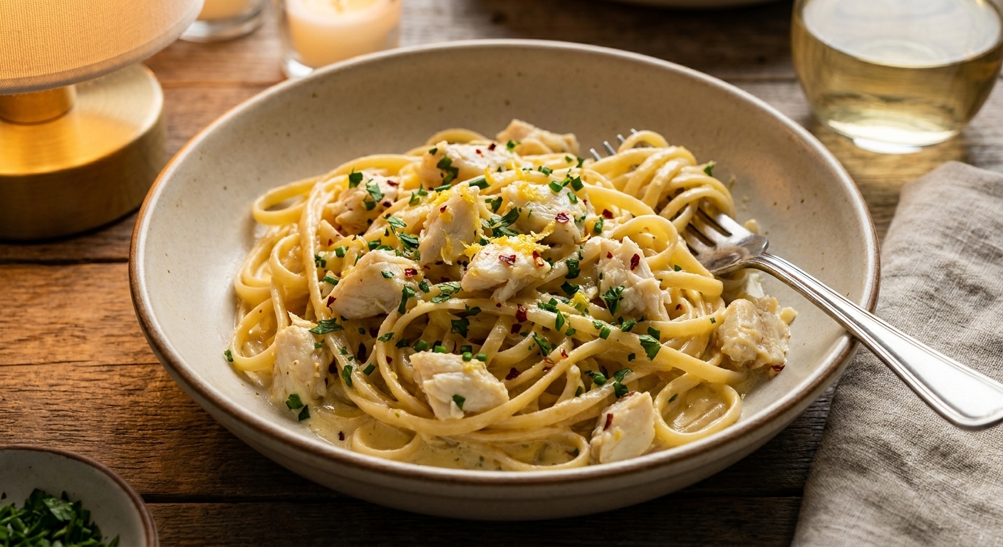 A close-up real photograph of creamy lemon crab linguine in a shallow bowl, with visible lump crab, chopped parsley and chives, and a few red pepper flakes, warm dinner table lighting