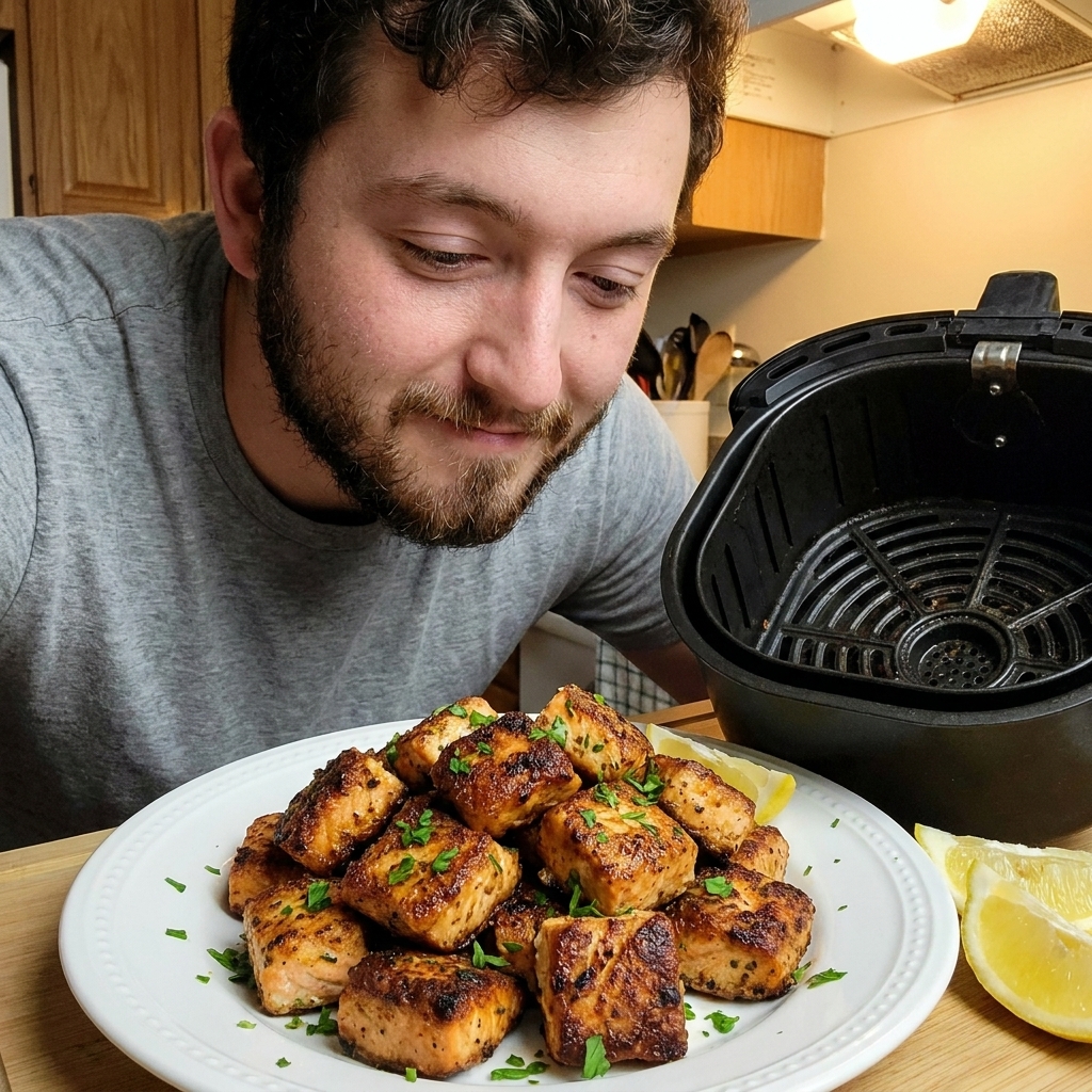 A close-up real photograph of crisp-edged garlic butter salmon bites piled on a plate with parsley and lemon wedges beside a black air fryer basket in a home kitchen