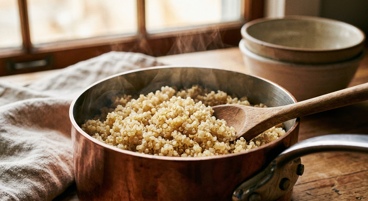 A close-up real photograph of fluffy cooked quinoa in a small saucepan with distinct grains and tiny curled germ rings visible, warm kitchen lighting