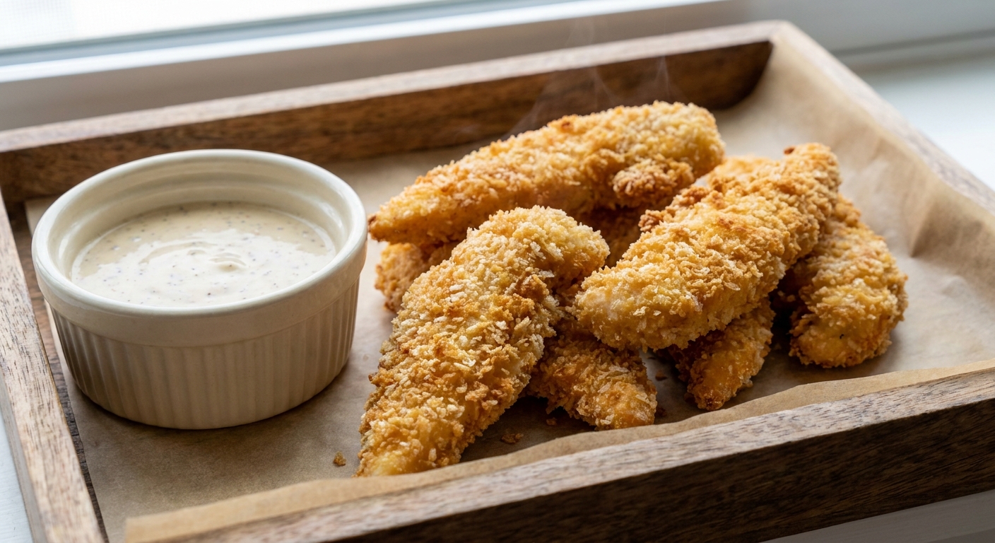 A close-up real photograph of golden crispy chicken fingers piled on a tray with craggy light breading and a small cup of creamy dipping sauce on the side, warm natural kitchen lighting